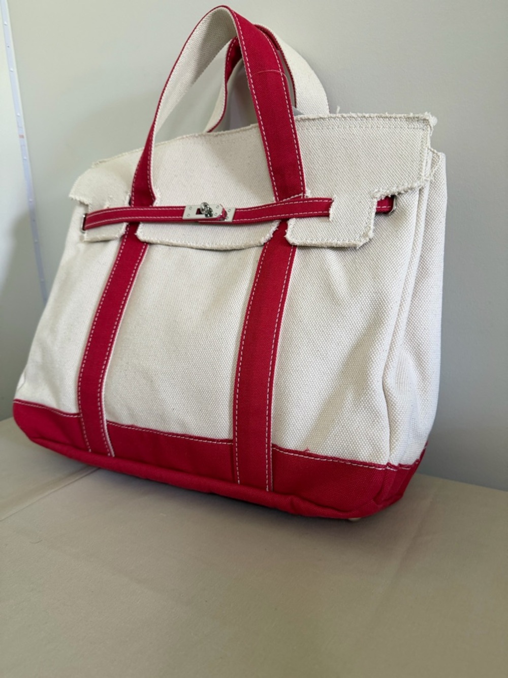 Canvas Tote with Pink-Red Trim - Picture 3 of 7